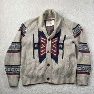 Koto Aztec Cardigan Sweater Men's Size Small Beige Shawl Collar Cotton Blend